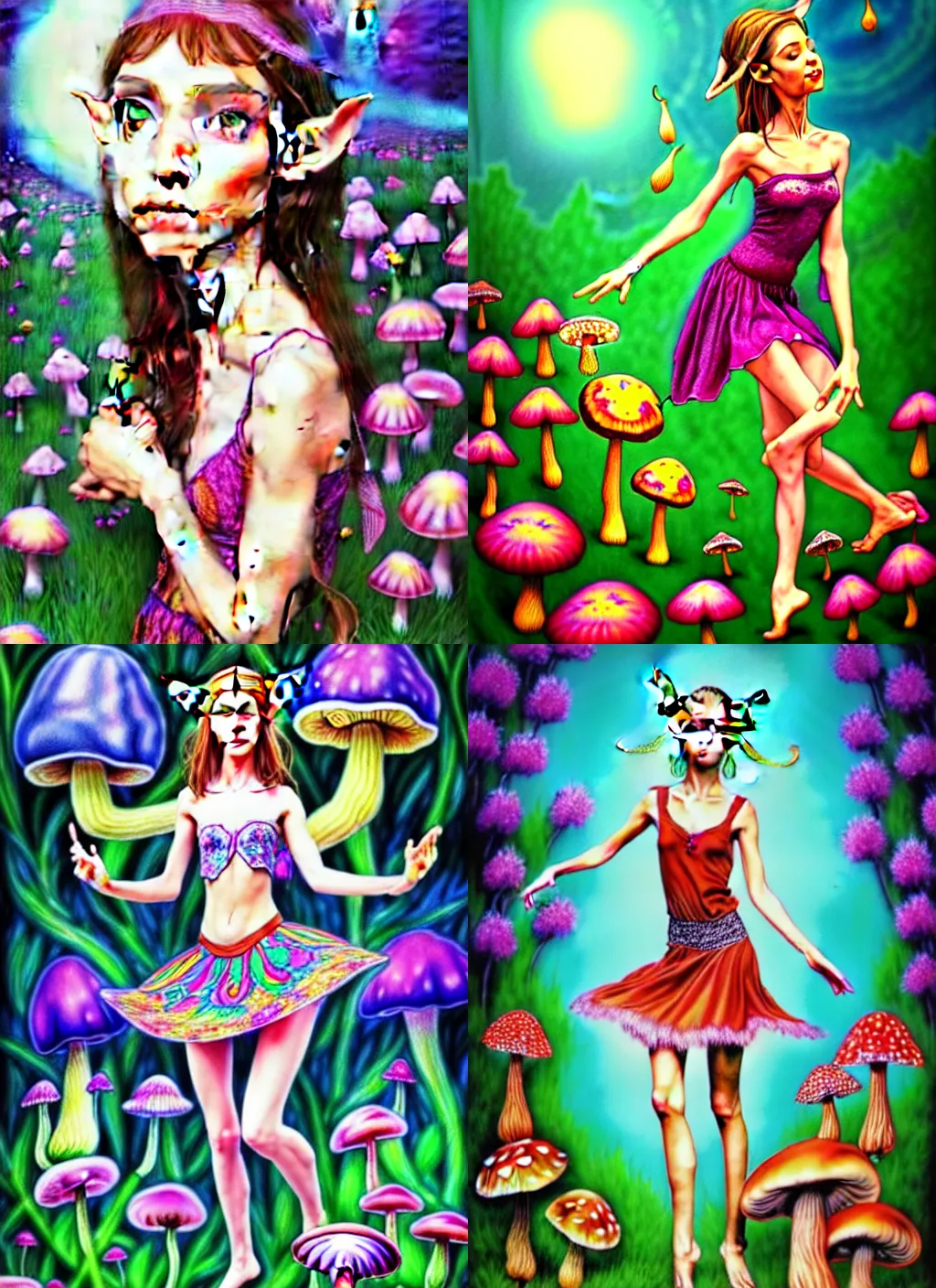 Prompt: A very very very beautiful photorealistic full body drawing of a very beautiful and elegant young elf girl dancing among the giant flowers and mushrooms. A very high quality professional artwork. Very detailed face. Psychedelic style, fantasy, 4k