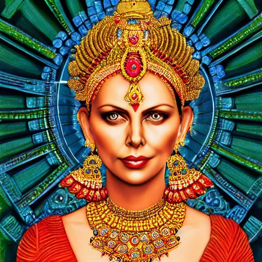 Image similar to a portrait of charlize theron as a hindu goddess, with lots of jewelry and necklaces, photorealistic, 35mm, abstract background.