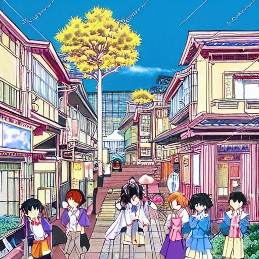 Prompt: a neighborhood in japan in the style of a Naoko Takeuchi manga