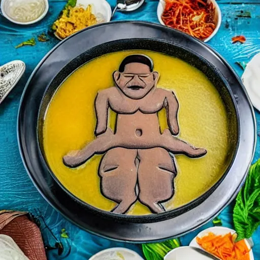 Prompt: indian man drowning in a bowl of soup