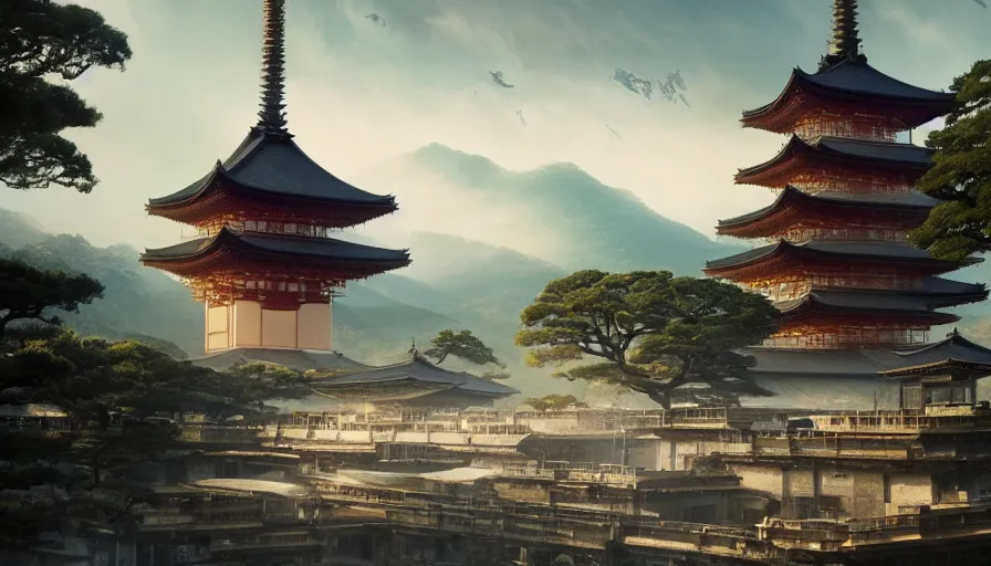 Image similar to a giant alien ufo high tech spaceship eerily hovering on ancient kyoto city landscape with beautiful pagodas by greg rutkowski, artgerm, ross tran, magali villeneuve, intricate, time travel theme, audince in awe, spectacle, audience sorrounding, award winning, octane render, masterpiece, 8 k, beautiful