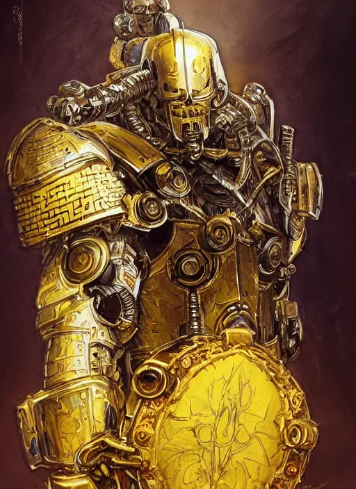 Image similar to dynamic portrait of a intricate glorious holy mechanical warforged character in yellow armor holding a paladin engraved great longsword and carrying a big paladin shield, spotlight from face , epic , trending on ArtStation, masterpiece, cinematic lighting, by Jesper Ejsing and by Philippe Druillet and by Yoann Lossel and by John Salminen