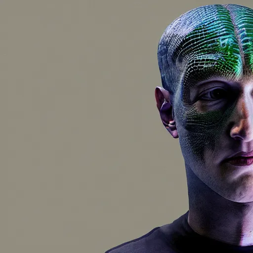 Image similar to Mark Zuckerberg turning into a reptile humanoid, 4k, full body, realistic, sci-fi