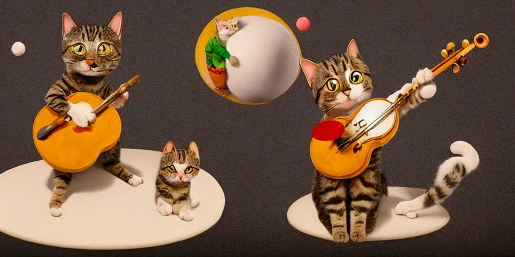 Image similar to a cat playing the fiddle and dancing on top of a round ball made of Swiss cheese, in the style of claymation