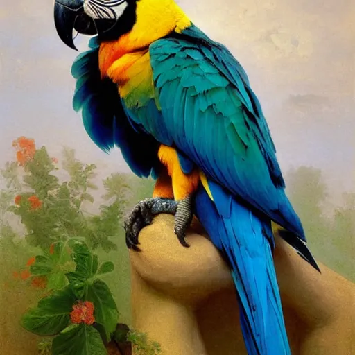 Prompt: Painting of A macaw parrot. Art by william adolphe bouguereau. During golden hour. Extremely detailed. Beautiful. 4K. Award winning.