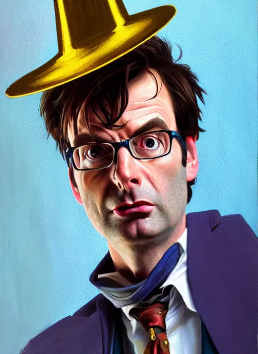 Prompt: oil portrait of the tenth doctor from doctor who wearing a party hat, intricate, elegant, highly detailed, lighting, painting, artstation, smooth, illustration, art by greg rutowski and alphonse mucha