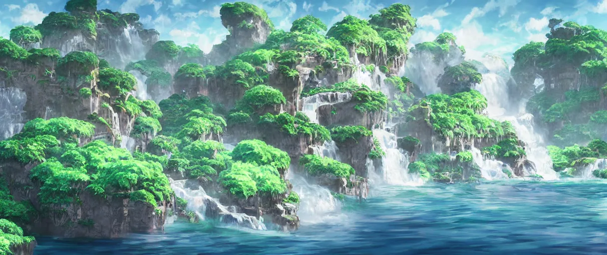 Image similar to a small crumbling island with waterfalls flowing off the island, floating in space, studio ghibli, digital art, detailed, depth of field