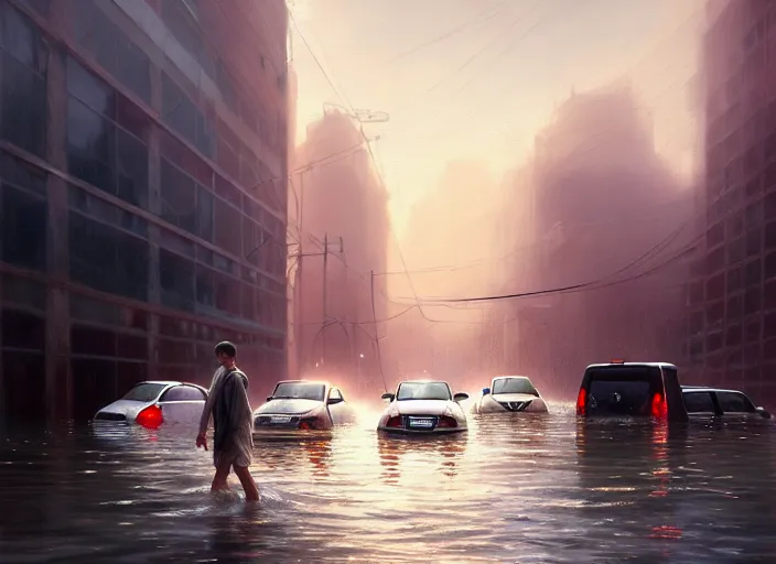 Image similar to cars driving through shallow water, flooded city, people walking through shallow water, muted colors, highly detailed, hyperrealistic, oil painting, intricate, cgsociety, artstation, 8 k, cinematic, soft lighting, by greg rutkowski, by wlop, by artgerm