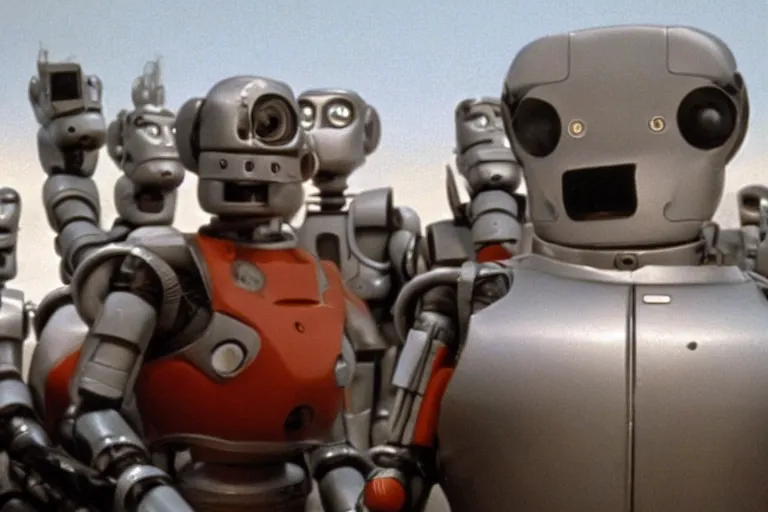 Image similar to a movie still from the 1985 summer blockbuster movie Back to the Robots directed by Steven Spielberg