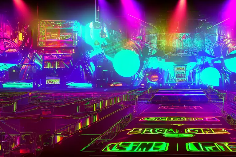 Image similar to a concert stage, big glowing letters over the stage tripmachine, center of the stage is a big futuristic steampunk generator surrounded by speaker towers, rock musicians on the stage, laser show, 8 k, fluorescent colors, halluzinogenic, multicolored, exaggerated detailed, unreal engine