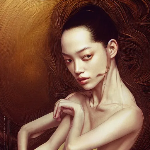 Image similar to Kiko Mizuhara, physically accurate, dramatic dynamic lighting, intricate, elegant, highly detailed, digital painting, artstation, very hyperrealistic, HR GIGER, Hieronymus Bosch, Francis Bacon, concept art, smooth, sharp focus, illustration, art by artgerm and greg rutkowski and alphonse mucha