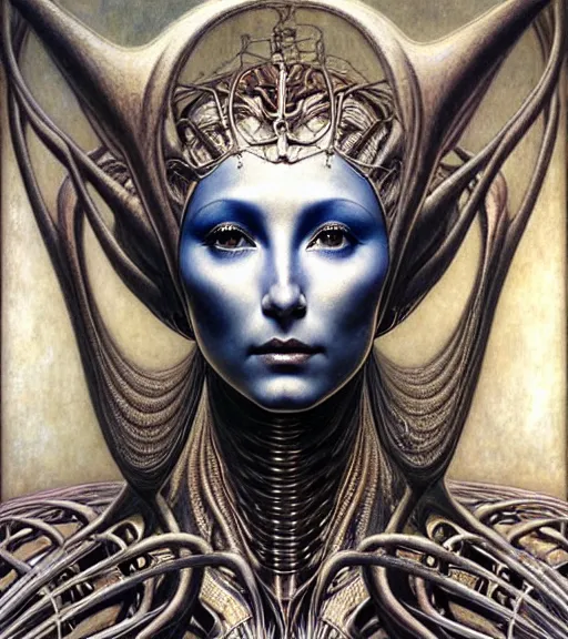 Prompt: detailed realistic beautiful young cher alien robot as queen of mars face portrait by jean delville, gustave dore and marco mazzoni, art nouveau, symbolist, visionary, baroque, concept. horizontal symmetry by zdzisław beksinski, iris van herpen, raymond swanland and alphonse mucha. highly detailed, hyper - real, beautiful