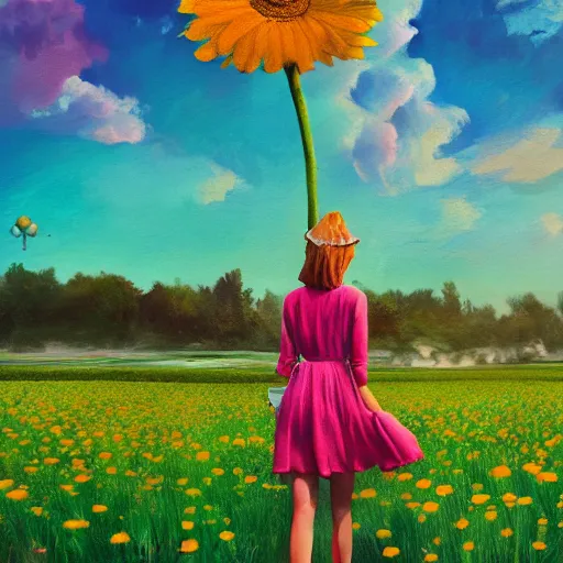 Image similar to giant daisy flower head, full body, girl walking in a flower field, surreal photography, sunrise dramatic light, impressionist painting, colorful clouds, digital painting, artstation, simon stalenhag, flower face