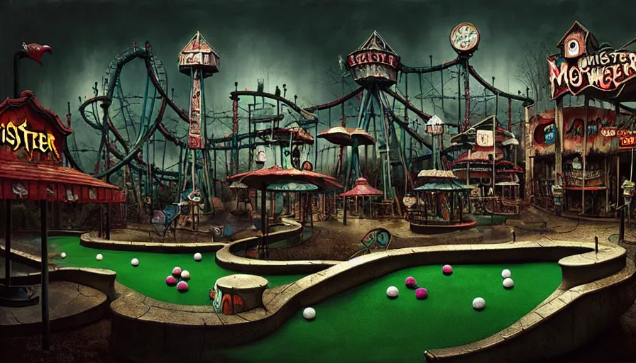 Prompt: michal karcz grunge painting of an amusement park, monster and horror theme. Monster-themed Minigolf and whack-a-mole monster theme, detailed, elegant, intricate, 4k,