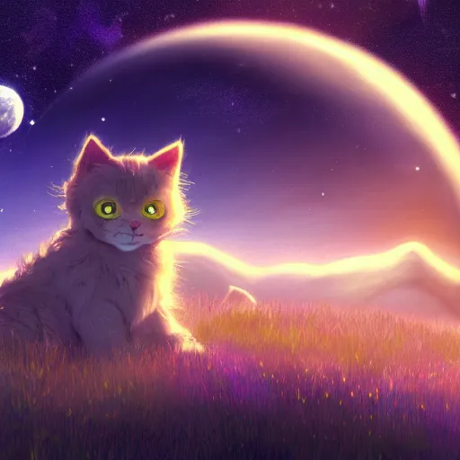 Prompt: A fuzzy little cat sitting on planet earth, space with stars in the background, extra detailed, digital illustration, by Makoto Shinkai and thomas kinkade, digital painting, Matte painting, trending on artstation and unreal engine