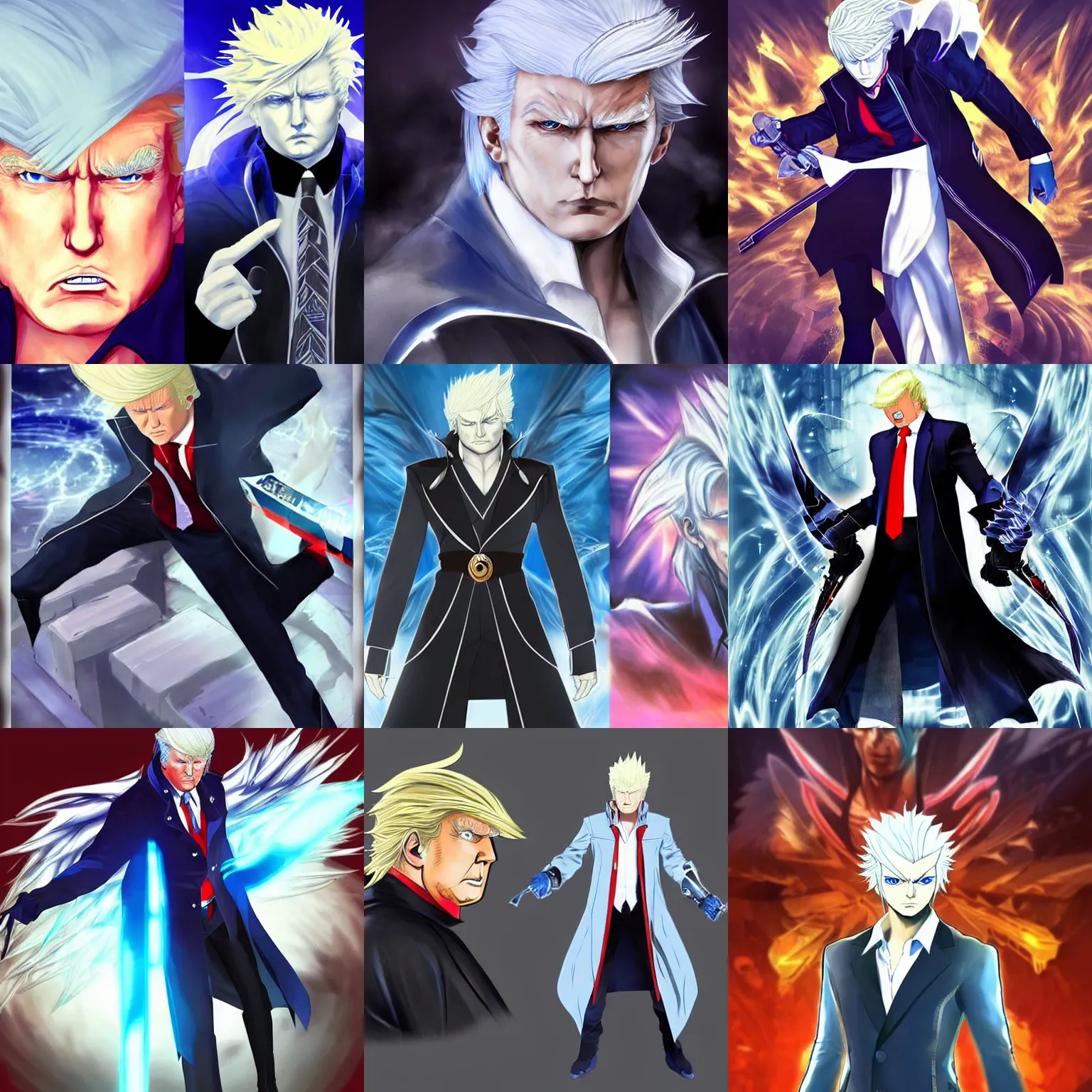Prompt: fusion of donald trump and vergil from devil may cry, featured on pixiv, concept art, official art, 2 d game art, anime aesthetic, dynamic pose