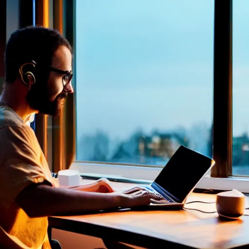 Image similar to friendly avatar computer programmer working late at night sunset outside window headphones terminal