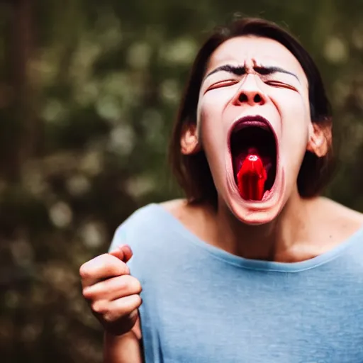 Prompt: a close up shot of a person screaming because a worm got on their face