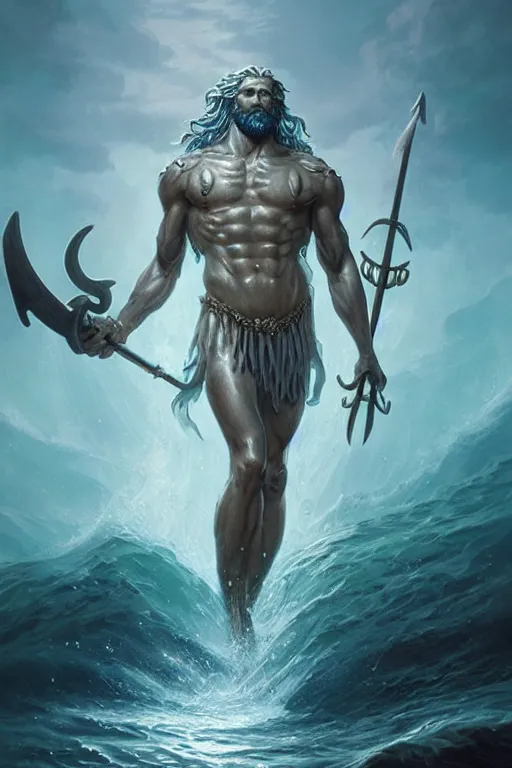 Image similar to poseidon humanoid god of the sea, trident, highly detailed, d & d, fantasy, highly detailed, digital painting, trending on artstation, concept art, sharp focus, illustration, art by artgerm and greg rutkowski and magali villeneuve