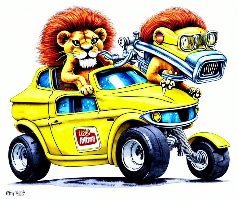 Prompt: cute and funny, lion wearing a helmet riding in a tiny hot rod with oversized engine, ratfink style by ed roth, centered award winning watercolor pen illustration, isometric illustration by chihiro iwasaki, edited by range murata, tiny details by artgerm and watercolor girl, symmetrically isometrically centered, focused