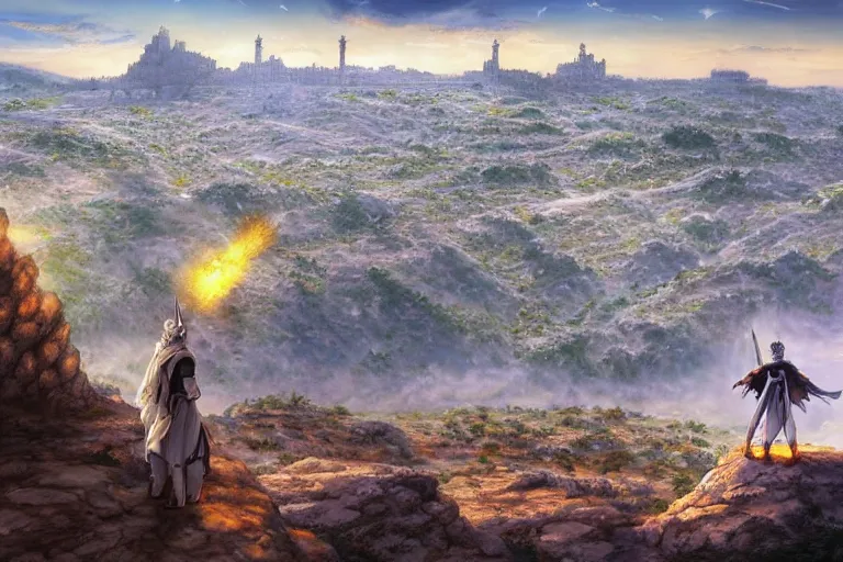 Image similar to an ultra detailed matte landscape painting of saladin as a shonen anime protagonist standing confidently on a cliff overlooking jerusalem with huge flaming longsword blessed by god, epic anime fantasy, 8 k, volumetric lighting, smooth, highly detailed, digital illustration, art by kentaro miura and akira toriyama and artgerm