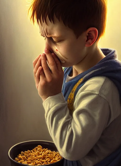 Image similar to moody portrait of a young boy sobbing uncontrollably because he has no more cereal in his bowl, tragedy, path traced, environment, highly detailed, high quality, digital painting, alena aenami, lilia alvarado, shinji aramaki, karol bak, alphonse mucha, tom bagshaw