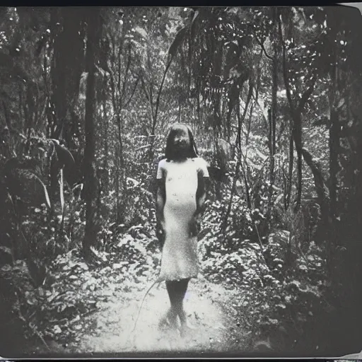 Prompt: an ancient evil-girl devouring the souls of the human kind on a mysterious Colombian jungle, mist, abandoned house, 1910 polaroid photography, grainy film, Black and white