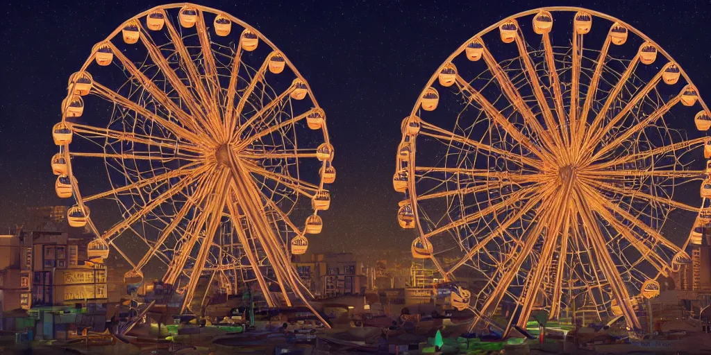 Image similar to a giant ferris wheel at night, hyperrealistic, concept art, octane render, unreal engine 5, trending on artstation, high quality, highly detailed, 8 k hdr, soft lighting, path traced, starry background, bloom, high coherence, symmetrical, high contrast, digital art, serene landscape, cinematic