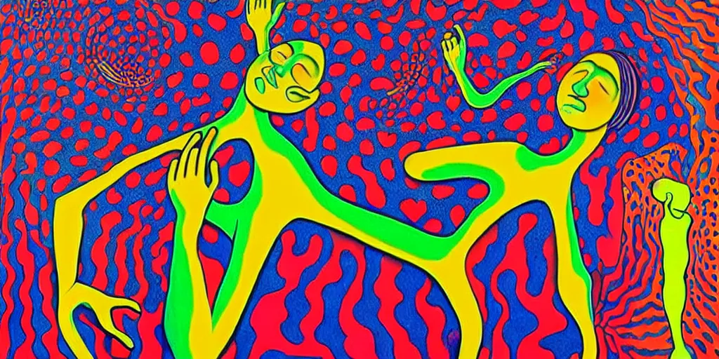 Image similar to a man being overcome by love, psychedelic dripping colors, detailed painting by painting by man ray and pablo amaringo david normal alex grey yayoi kusama