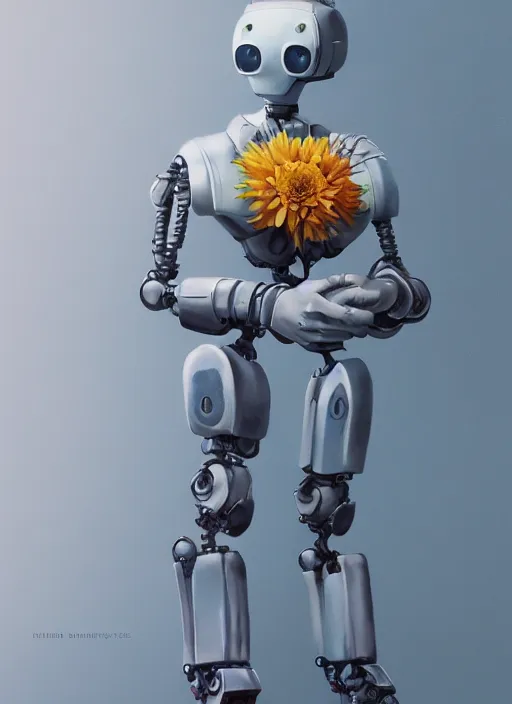 Image similar to detailed full body concept art illustration pastel painting of a robot holding a flower, ultra detailed, digital art, octane render, dystopian, micro detail, 4k