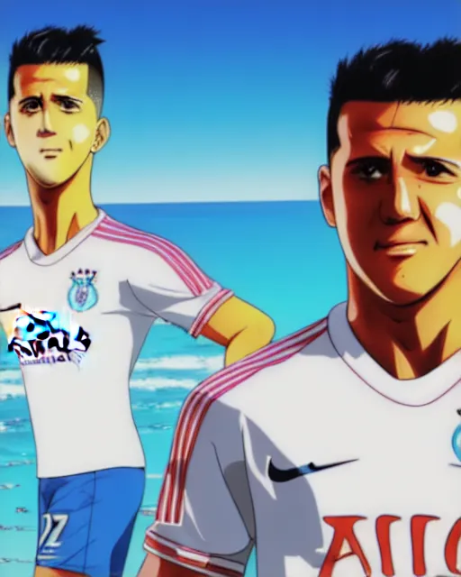 Image similar to portrait Anime Alexis Sanchez; white football shirt, Marseille beach in background || anime, manga cute-fine-face, pretty face, realistic shaded Perfect face, fine details. Anime. realistic shaded lighting by Katsuhiro Otomo