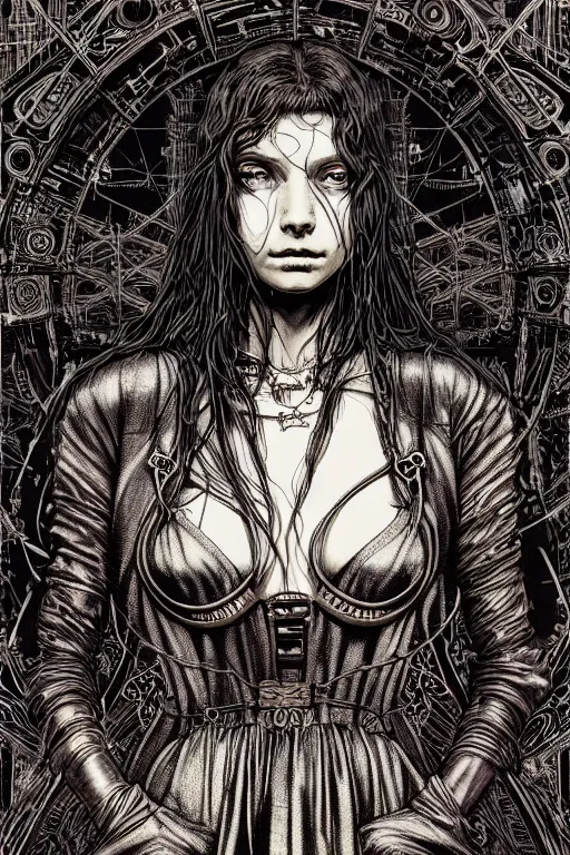 Prompt: dreamy cyberpunk girl in vr headset, black long hair, heavy metal robe, beautiful woman, detailed acrylic, grunge, intricate complexity, by dan mumford and by alberto giacometti, arthur rackham