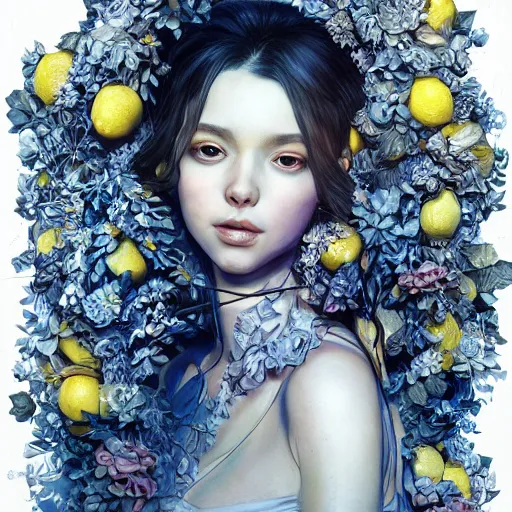 Image similar to the portrait of an absurdly beautiful, graceful, elegant, sophisticated, young girl made up of lemons, an ultrafine hyperdetailed illustration by kim jung gi, irakli nadar, intricate linework, bright colors, octopath traveler, final fantasy, unreal engine 5 highly rendered, global illumination, radiant light, detailed and intricate environment