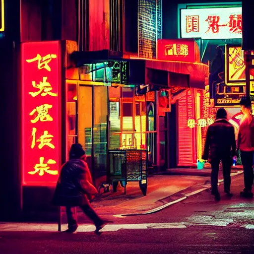 Image similar to cyberpunk street corner at night with neon signs in chinese, a McDonald's restaurant, people walking the street in the style of Edward Hopper