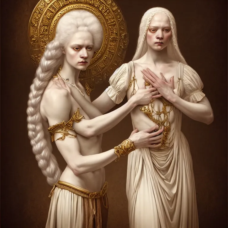 Prompt: renaissance style a wonderful woman albino goddess with a wonderful face and realistic arms and hands and realistic body with long intricate hair with a beautiful porcelain symmetrical body dressed with a majestic warp ornate cream long cotton dress, hightly ornate, intricate, detailed, dramatic light, cinematic, award winning, octane render, tom bagshaw style