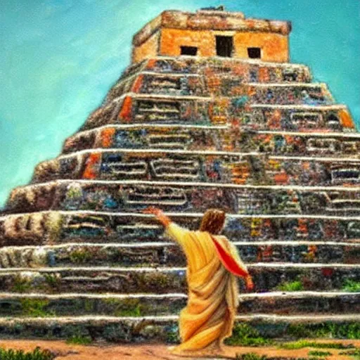 Image similar to a beautiful painting of jesus walking down a mayan pyramid