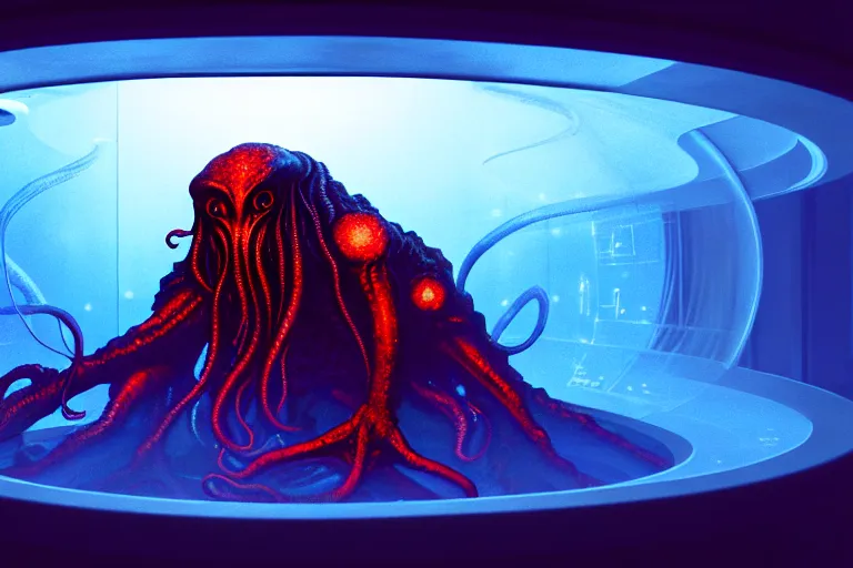 Prompt: off angle view of cthulhu lovecraft alien monster trapped inside a large round transparent science fiction glass containment chamber filled with blue liquid in a furnished science fiction spaceship laboratory, dramatic lighting, octane, red led lights, lens flare, trending on artstation, mist, star trek, volumetric lighting