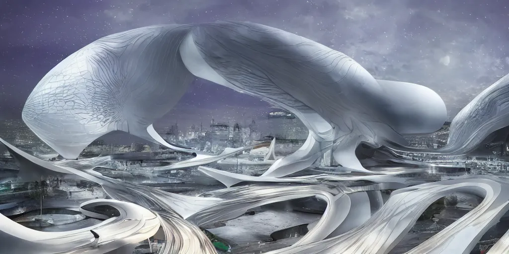 Image similar to fantasy city with moon by zaha Hadid trending on artsation