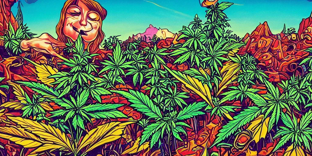 Prompt: cannabis paradise in lowbrow art style