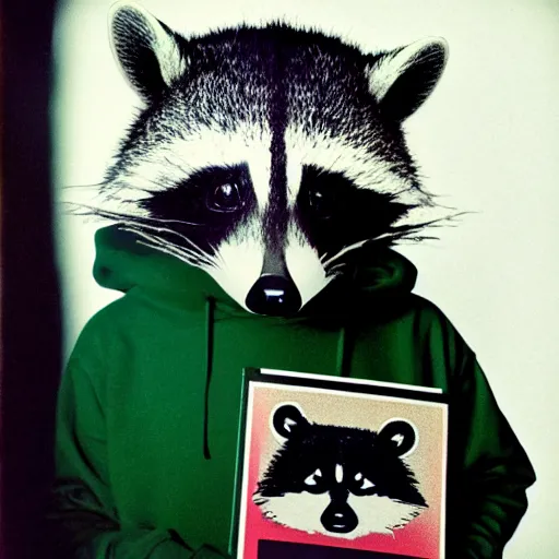 Prompt: medium shot, photo of a person in a detailed hyperrealistic raccoon mask, wearing a dark green hoodie, holding a pile of vinyl records, 8 0 - s, polaroid photo, by warhol,