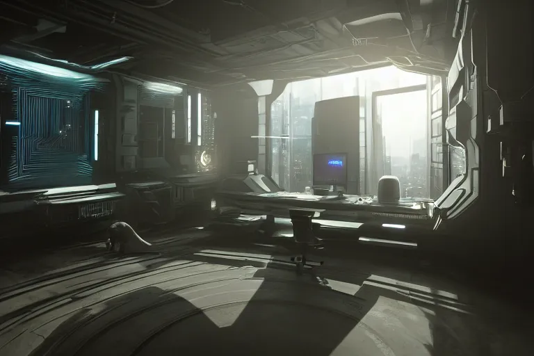 Image similar to cyberpunk alien concept inspired room, futuristic look, highly detailed body, very powerful, photorealistic camera shot, bright studio setting, studio lighting, crisp quality and light reflections, unreal engine 5 quality render