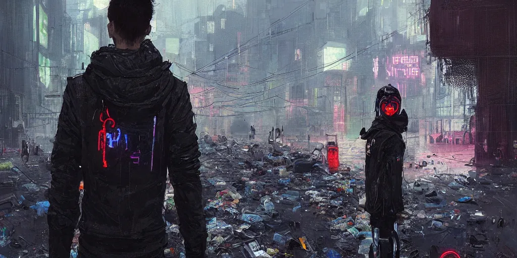 Image similar to eyes of a Neon guard boy with short dark hair seen from the back, cyberpunk futuristic, reflective puffer jacket, black leggings, decorated with traditional ornaments in front of a dystopian crowd with piles of garbage by Ismail inceoglu dragan bibin hans thoma, Perfect face, fine details, realistic shaded, fine-face, pretty face