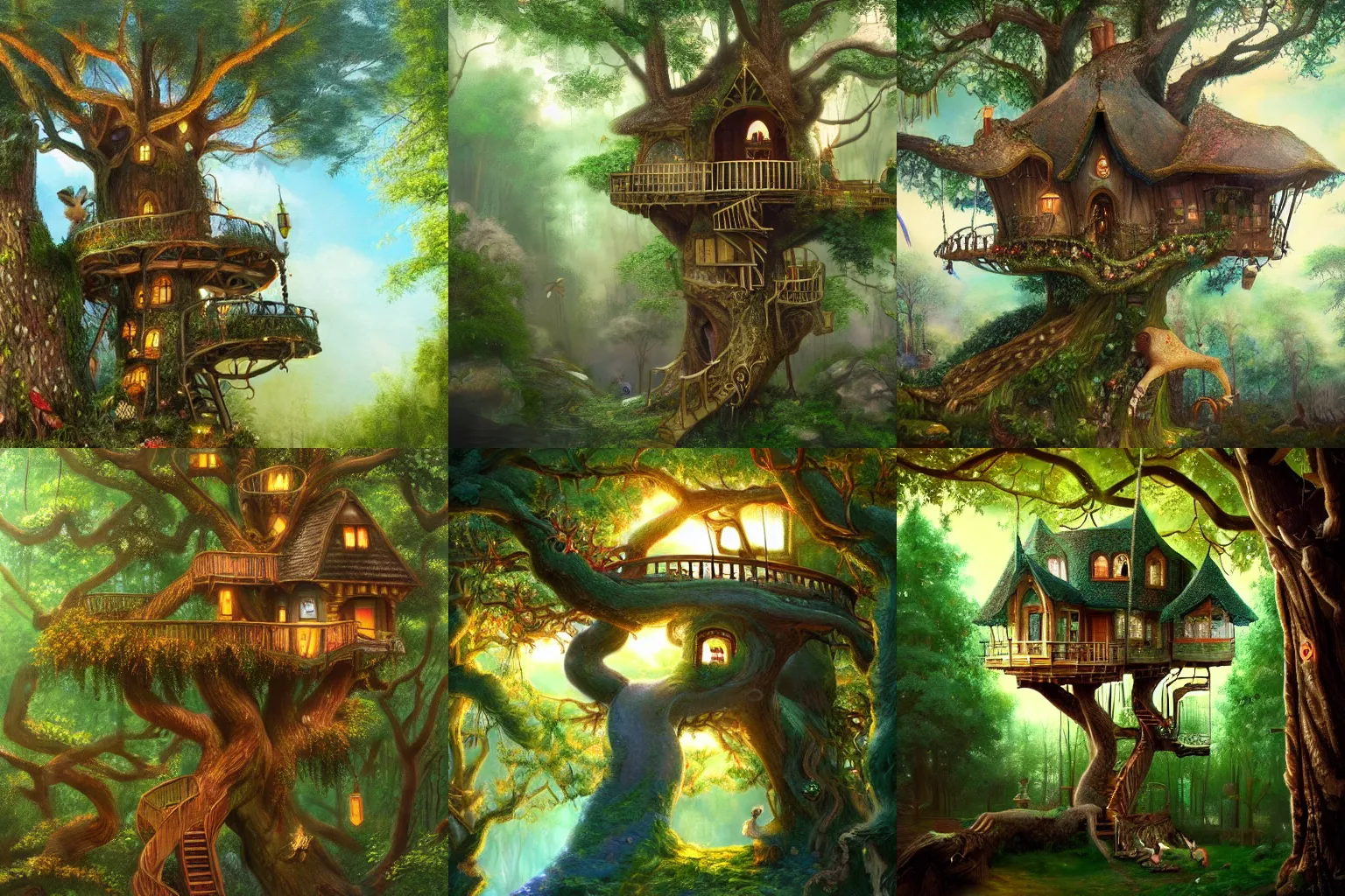 Prompt: fancy treehouse in the enchanted forest detailed magical realism painting 4K trending on artstation