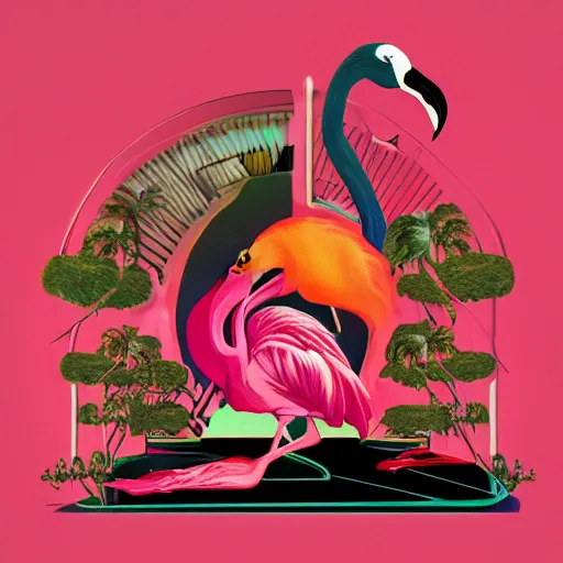 Prompt: the flamingo cafe, internetcore plunderphonic collage album cover, trending on artstation