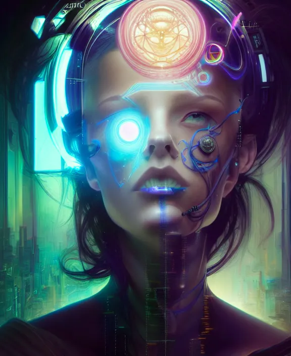 Image similar to a whirlwind of souls rushing inside the metaverse, hologram, half body, neurochip, shaved temple, piercing, jewelry, android, cyborg, cyberpunk face, by loish, d & d, fantasy, intricate, elegant, highly detailed, colorful, digital painting, artstation, concept art, art by artgerm and greg rutkowski and alphonse mucha