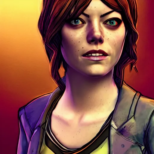 Image similar to emma stone carter portrait, borderlands, tales from the borderlands, the wolf among us, comic, cinematic lighting, studio quality, 8 k