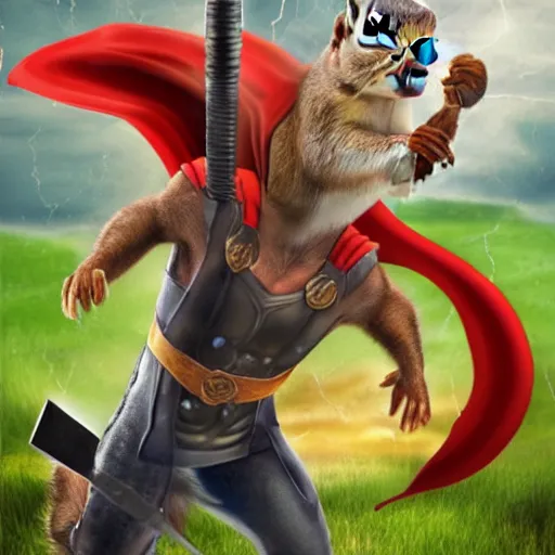 Image similar to the squirrel thor ~ holding his hammer ~ dramatic thunder background ~ fighting scene ~