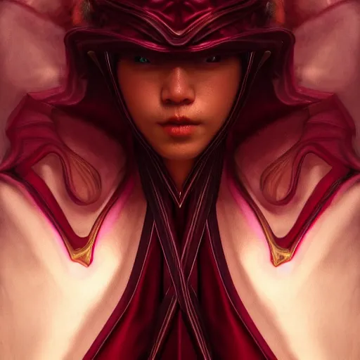 Image similar to chaotic burgundy satin ribbons instead of skin build image of mystic face, moebius, bao pham, donato giancola, larry elmore, masterpiece, trending on artstation, featured on pixiv, cinematic composition, beautiful lighting, sharp, details, hyper - detailed, hdr, 4 k, 8 k