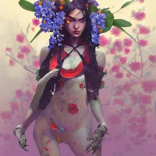 Prompt: painting of widowmaker dressed with flowers, illustration, artistic, colorful, hyper detailed, in the style of Greg Rutkowski