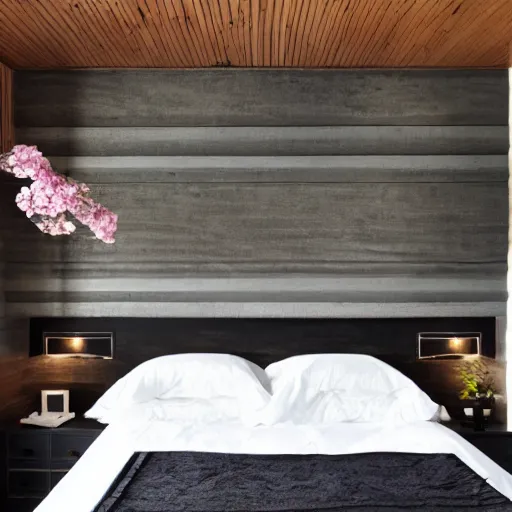 Image similar to bedroom, stone, interior design, stylish luxury hotel bedroom design, yakisugi, black vertical slatted timber, textures, feminine, black walls, art, vase with flowers, Japanese influences